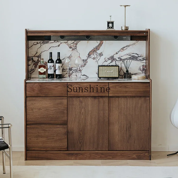 Black walnut dining side Nordic rock slab storage living room integrated wall display wine cabinet       FT