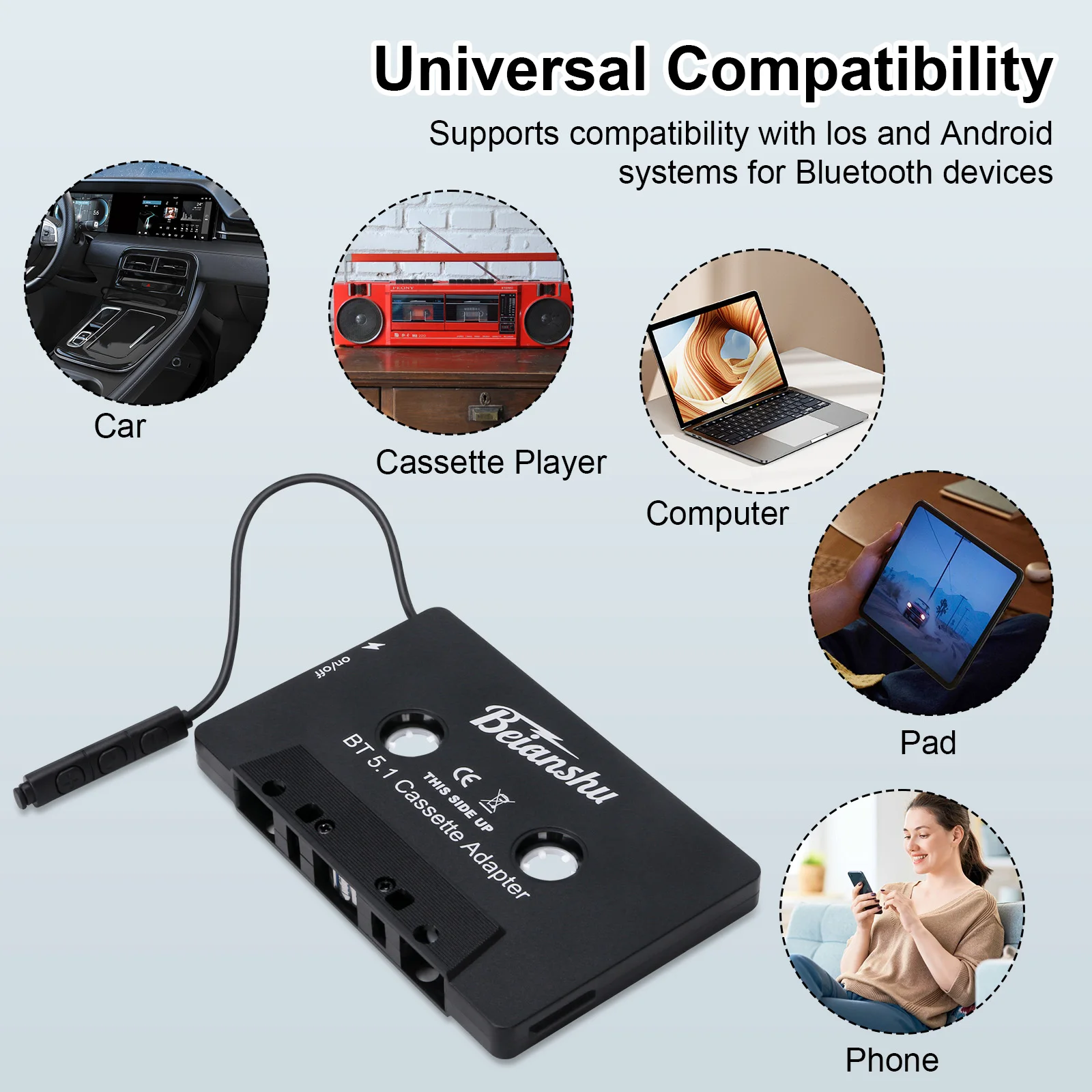 New Volume Control Bluetooth 5.0 Car Audio Stereo Tape, Car Bluetooth Tape, Car MP3 Player, Hands-Free Phone Book for iPhone