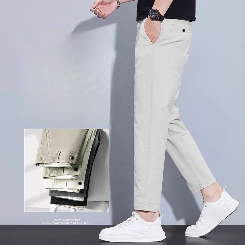 Men's Ice Silk Casual Pants Summer New Business Classic All Match Trousers Slim Straight Elastic Waist Fashion Nine Points Pant