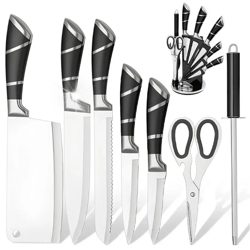 Kitchen Knife Set 9pcs Stainless Steel Sharp Non-Stick Coated Chef Knives with Sharpener for Cutting Slicing Dicing Chopping