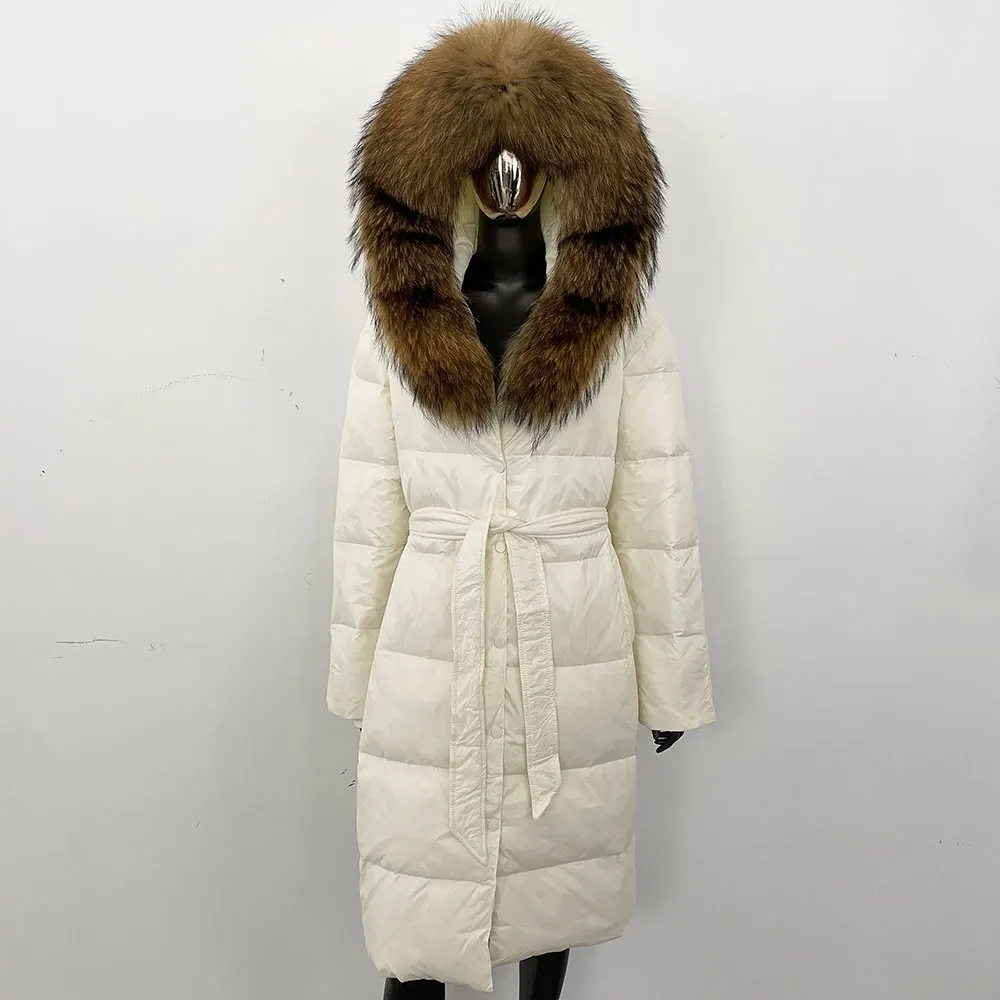 Large Natural Raccoon Fur Hooded Elegant White Duck Down Coat Women Winter Long Down Coat Parkas Female Thick Real Fur Jackets