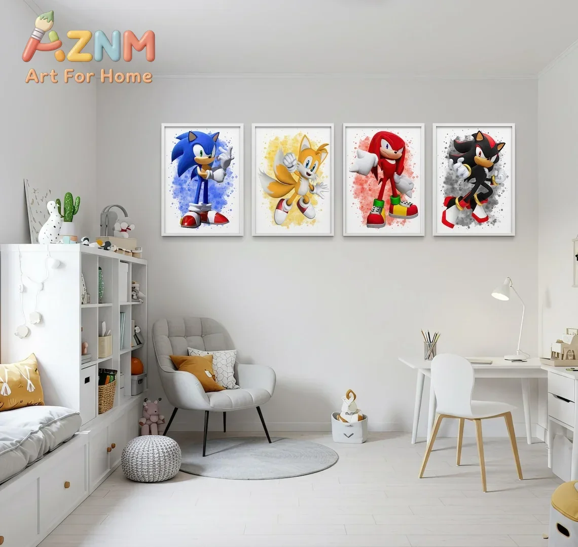 AZNM Sonic The Hedgehog Canvas Wall Art, Watercolor Splash Sonic Tails Knuckles Shadow Print, Cartoon Kids Room Poster, Unframed