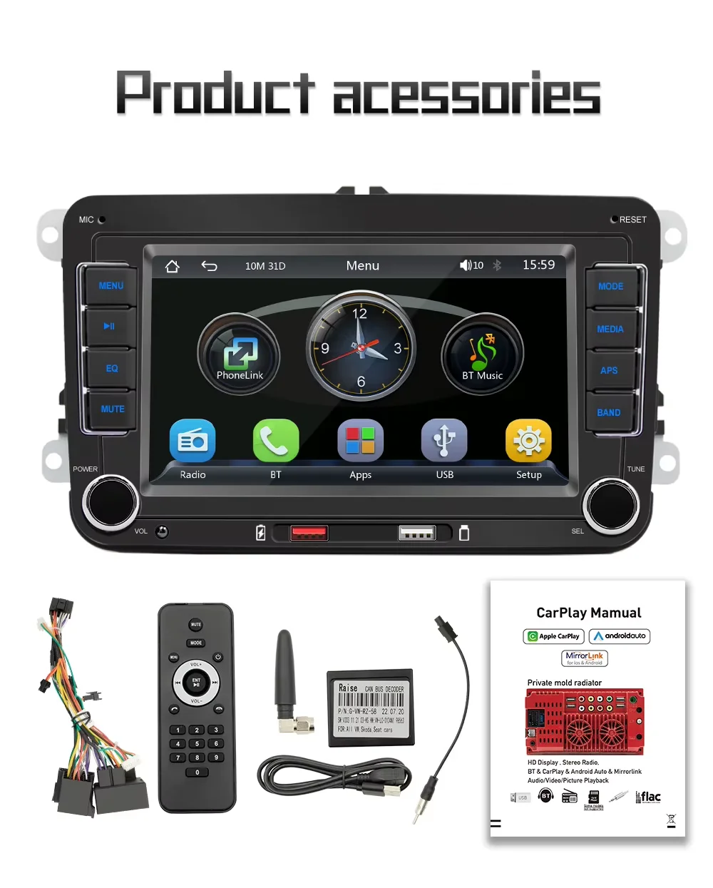 BQCC 7 ''2 DIN HD Auto Media Video RDS Airplay Autoradio Draadloze CarPlay Android Auto Stereo voor VW/SEAT/Skoda/Passat/Golf/Polo