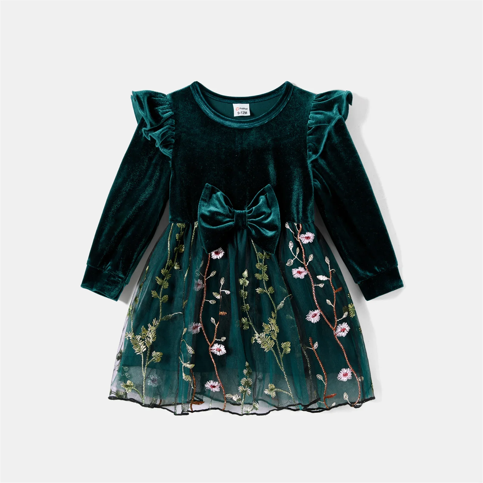 PatPat Mommy and Me Velet Splice Floral Embroidered Long-Sleeved Mesh Dresses Soft and Comfortable  Perfect for Outings