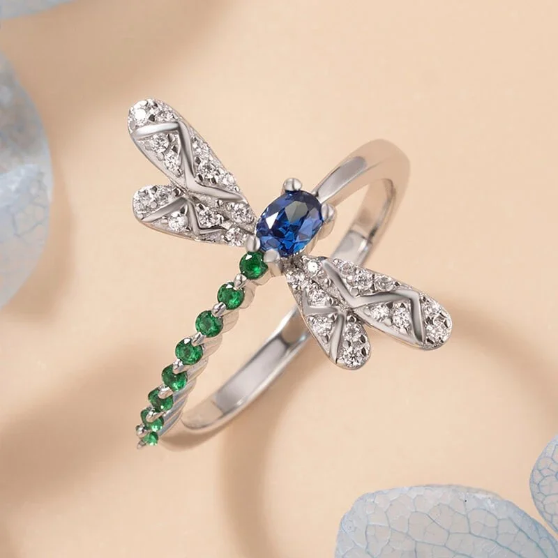 CAOSHI Funny Dragonfly Ring for Women Statement Jewelry with Bright Zirconia Aesthetic Silver Color Insect Accessories for Lady