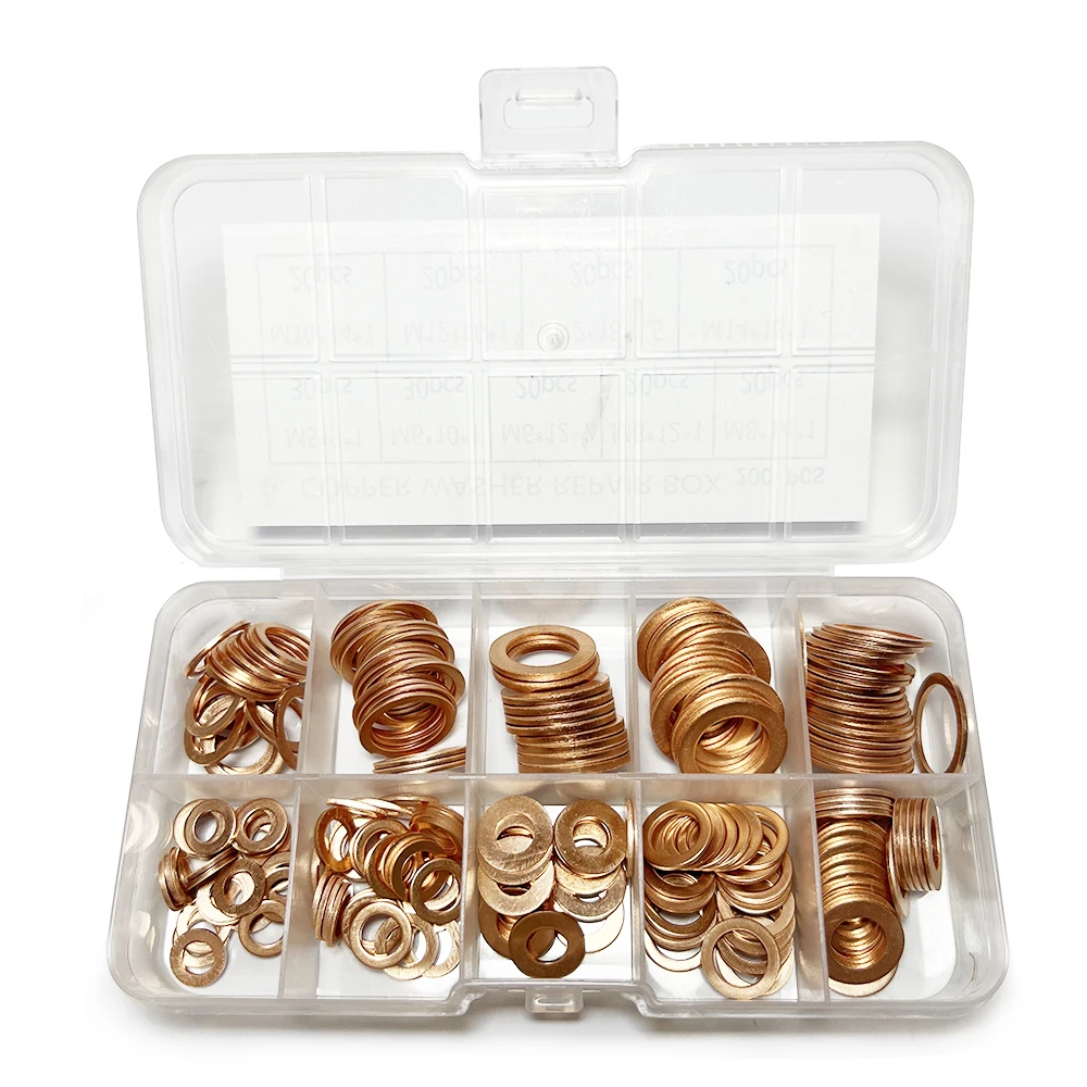 200/100Pcs Copper Flat Washers Copper Sealing Gasket for Sump Plug Boat Oil Drain Plug Crush Washer M5 M6 M8 M10 M12 M14