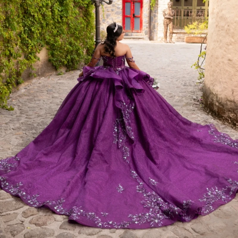 Purple Shiny Ball Gown Quinceanera Dresses Applique Lace Beading Crystal Bow Tiered Tull Corset Off The Shoulder Sweet 16 Dress