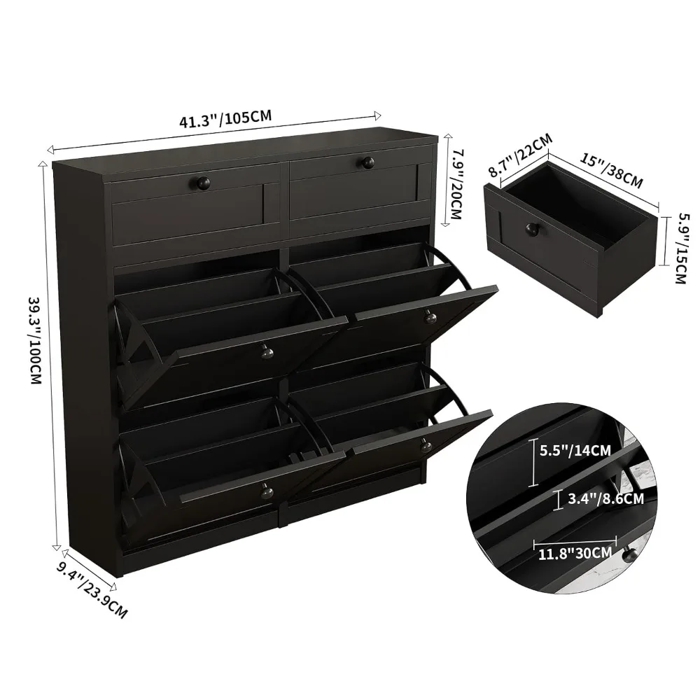 Freestanding Shoe Storage Cabinet & 4 Flip Drawers 2 Drawers Adjustable Shelves Organizer, Custom