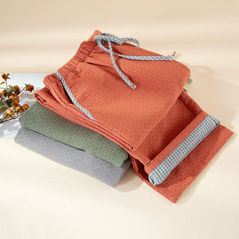 

Парные клетчатые хлопковые пижамные штаны, осенние повседневные прямые мягкие женские домашние брюки, одежда для дома, одежда для сна