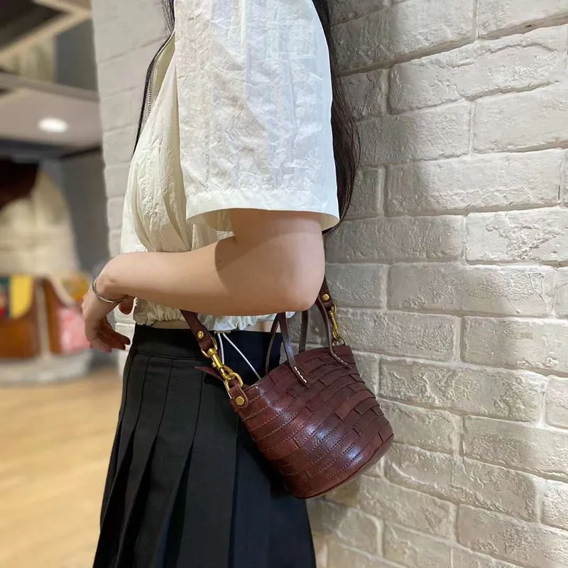 Luxury Women Basket Bags Green Real Cow Leather Lady Tote Vintage Designer Patchwork Bucket Bag High Quality Stripe Shoulder