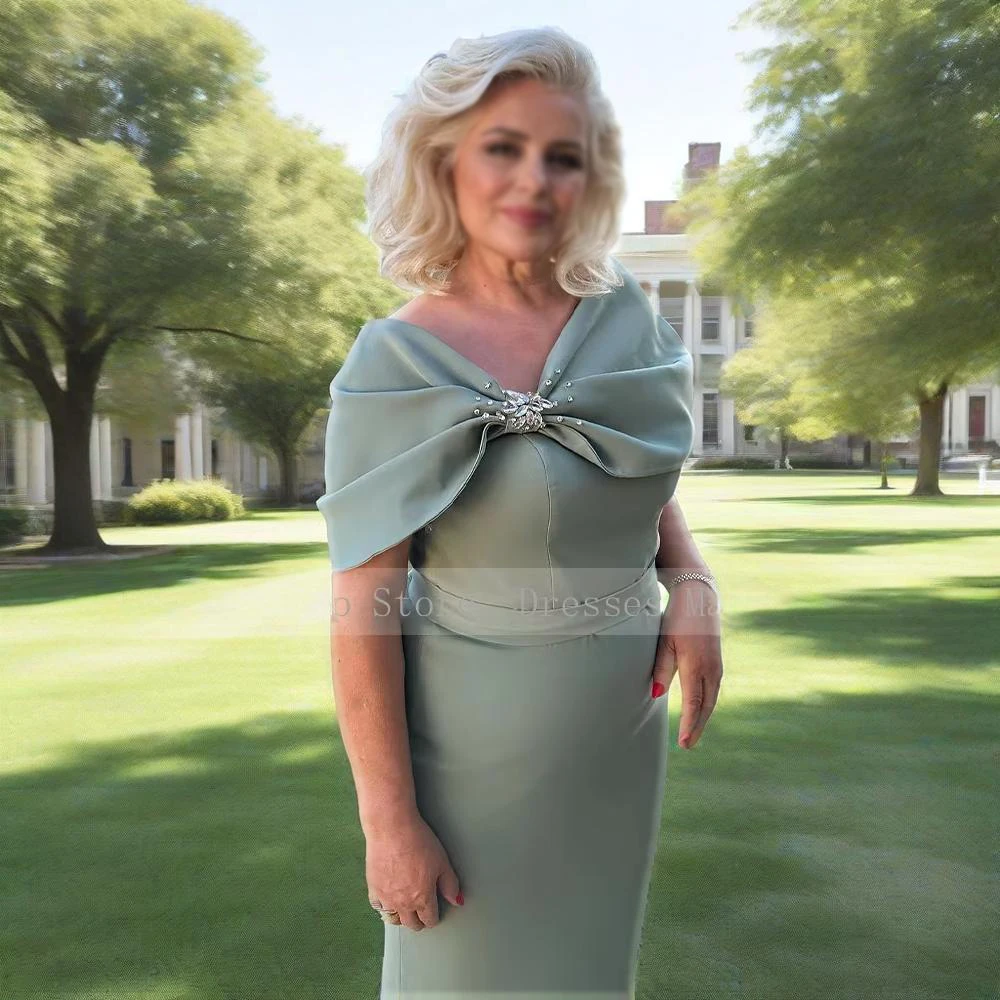 Elegant Mother of Bride Dresses Long Mint Wrap Off  Shoulder Wedding Guest Gowns for Women Crystal Belt Formal Party Dress Colum image 2