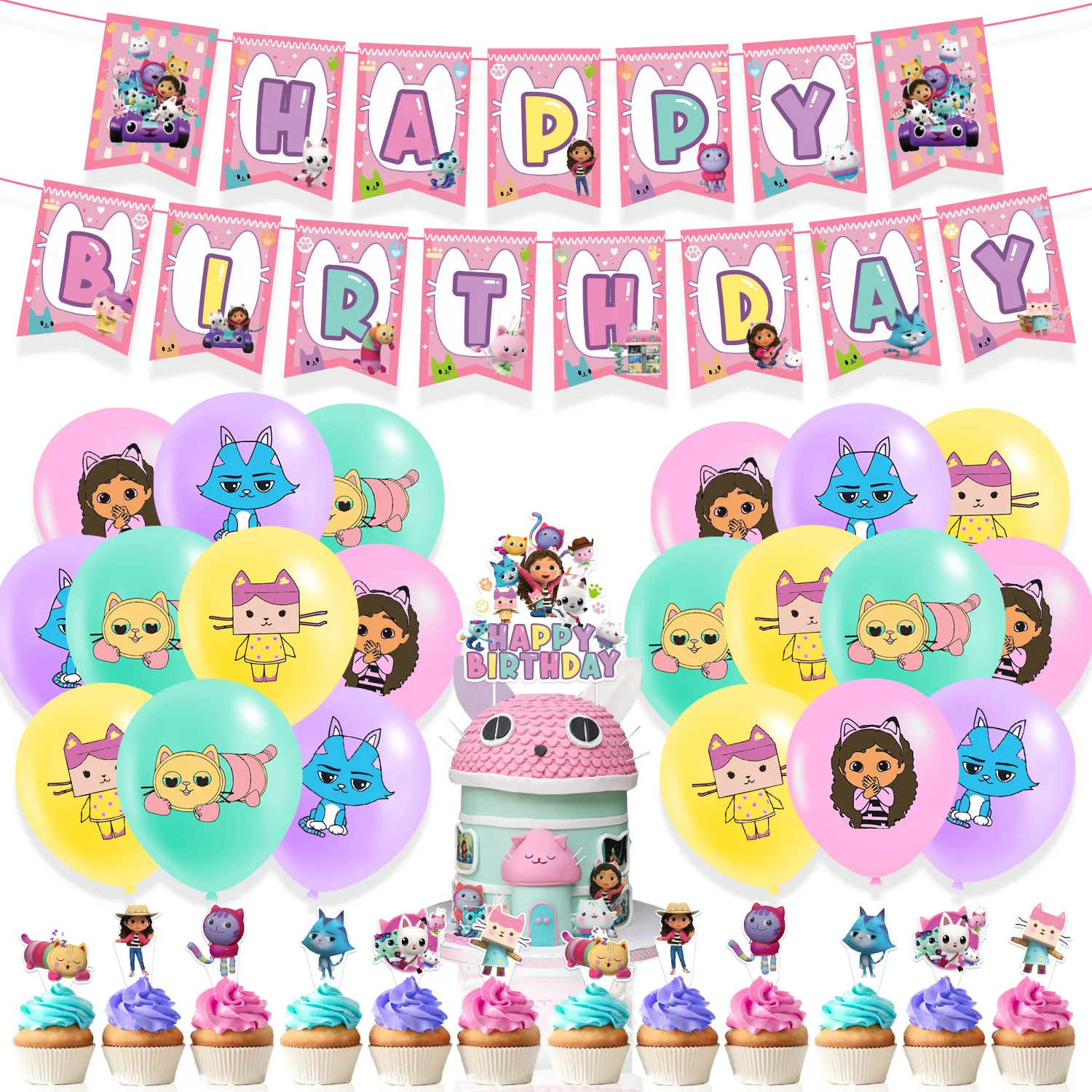 

Gabbyed Doll House Tableware Set Girl Kids Birthday Party Decoration Paper Banner Cake Topper 12in Latex Ballon Party Supplies