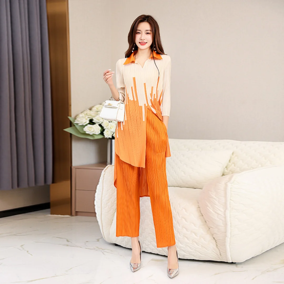 Temperament Shirt Top Women\'s Design Sense Noble Luxury Set 2024 Summer New Western-style Fashion Miyake Pleated Two-piece Set