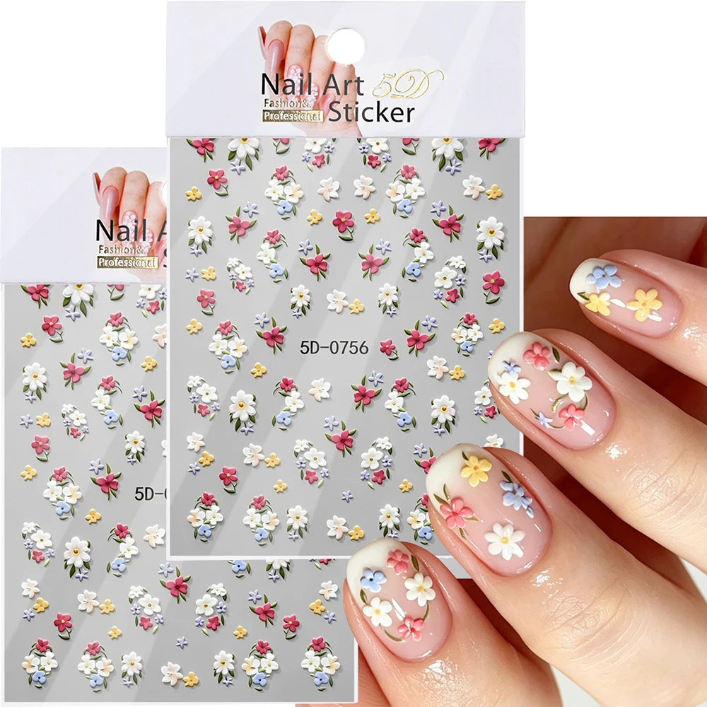 5D Embossed Mini Wildflower Cluster Nail Stickers Red White Five-petaled Flower Nail Art Decals Leafy Floral Manicure Sliders