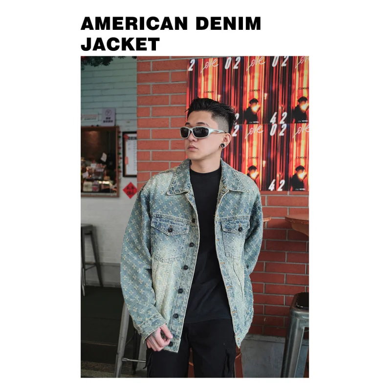 

2024 Street beat high-end men's loose denim jacket personalized jacquard pattern do old heavy men's denim jacket