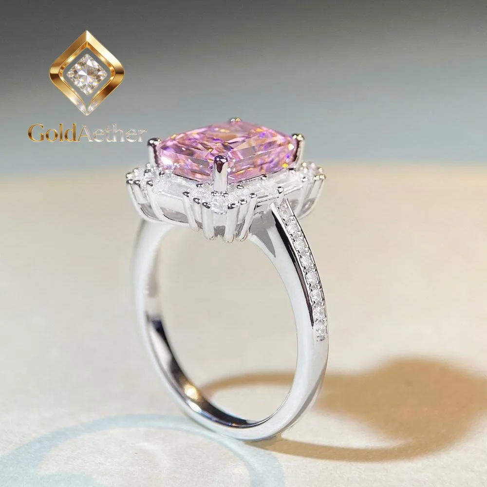 

Кольцо GoldAether Luxury из белого золота и платины PT950 с полным бриллиантовым паве, розовым квадратным муассанитом в форме цветка вишни для женщин