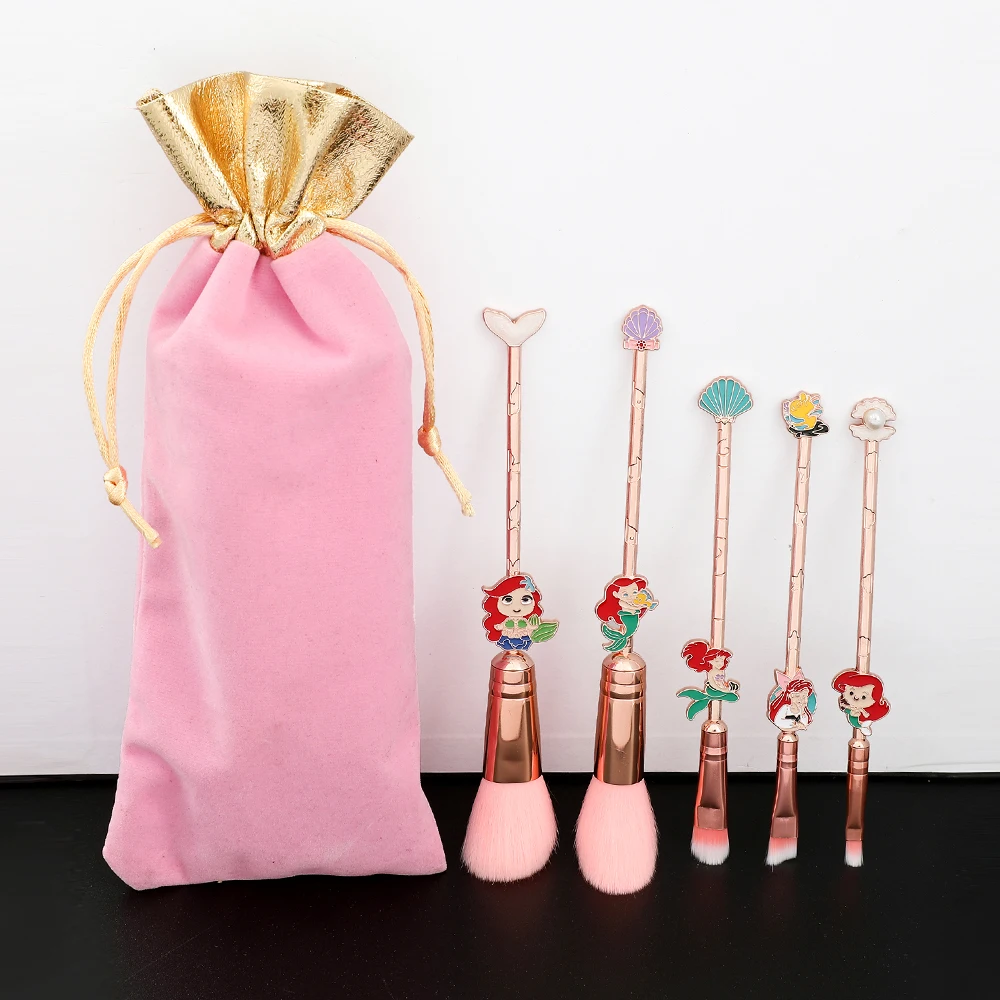 Cute 5Pcs Set The Little Mermaid Pink Makeup Brushes Disney Mermaid Princess Soft Comfortable Specialized Makeup Brush With Bag