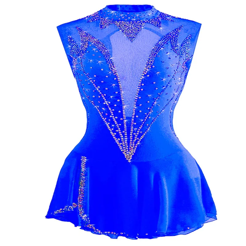 Women\'s Ice Skating Dress Outfits Open Back Mesh Spandex High Elasticity Competition Skating Wear Crystal/Rhinestone Sleeveless