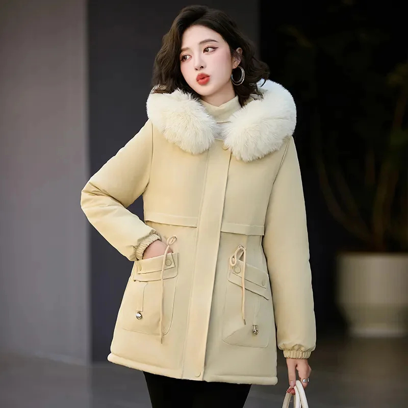 Thicken Hooded Pai Overcome Women's 2027New Winter Down Cotton Jacket Female Warm Parkas Big Fur Collar Outwear Long Cotton Coat