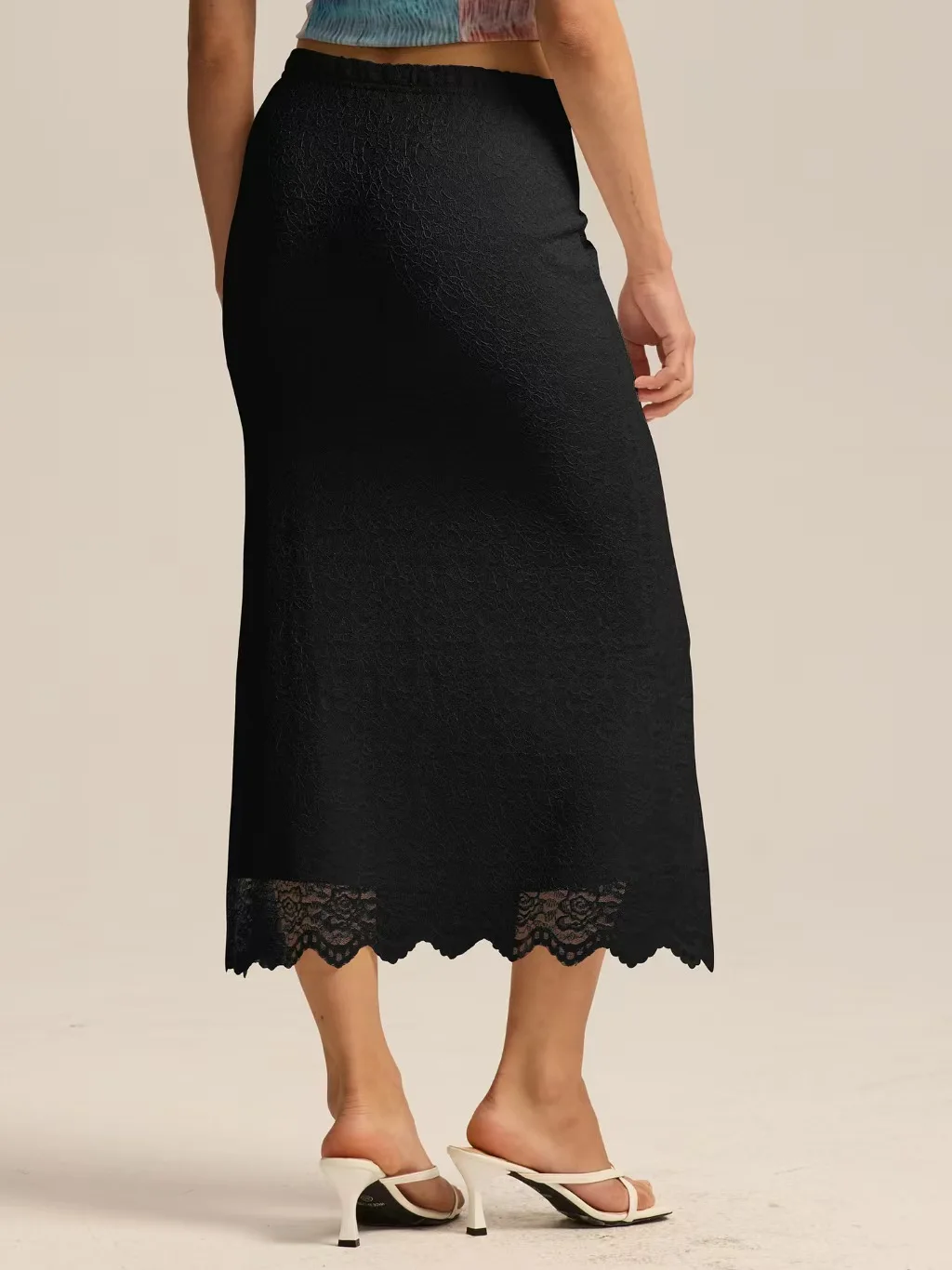 Sexy Kant Splice Hoge Taille f-lengte Rok Pendelen Sle Mid-lengte Pure Kleur Afslanken Fi-staart Rok voor Vrouwen