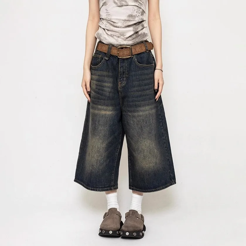 Men High Waist Black Retro Washed Denim Shorts New American Vintage Loose Wide Leg Streetwear Mid Denim Pants