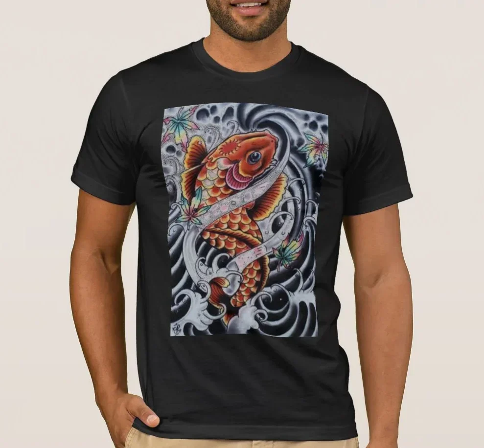 

Colored KOI Tattoo Look Printed Premium T-Shirt. Summer Cotton Short Sleeve O-Neck Mens T Shirt New S-3XL