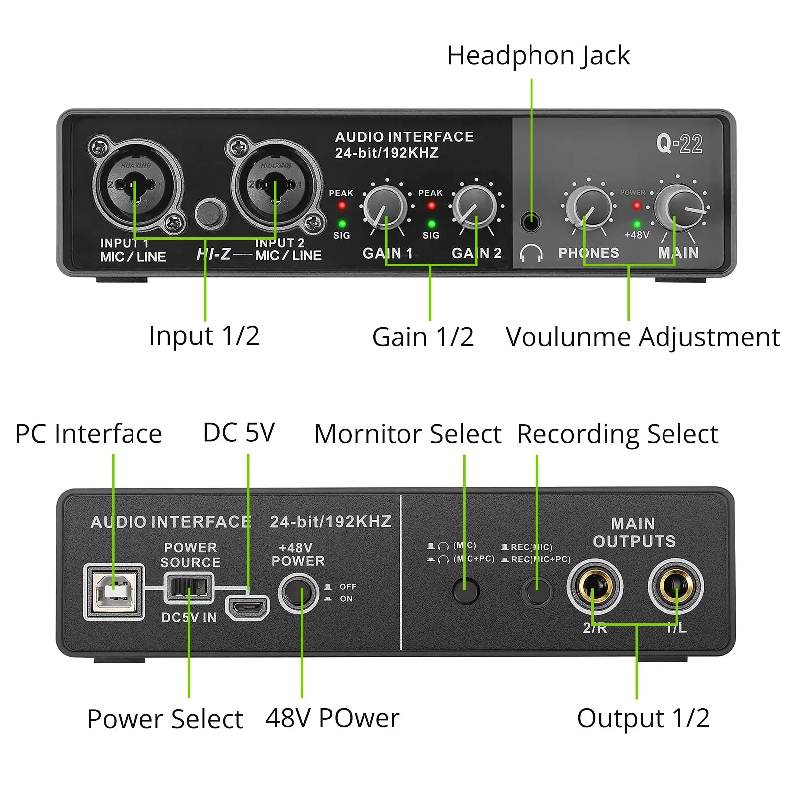 Q-22 Q-12 Q-24 Audio Interface Sound Card with Monitor Sound Mixer Electric Guitar Studio Recording Microphone 48V Phantom Power