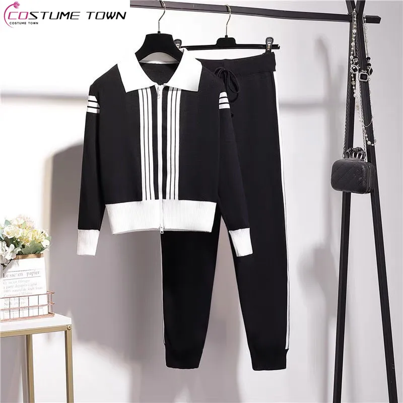 

2023 New Autumn Style Small Fresh Polo Collar Knitting Suit European Color Contrast Elastic Slim-fit Pants Fashion Two-piece Set