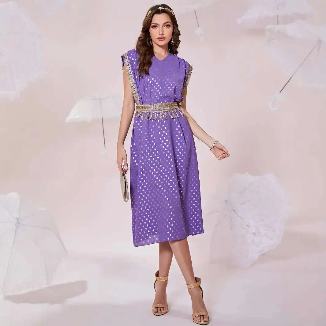 

Ty- 220417 Dubai Muslim 2025 Summer New Polka Dot Tie Dress Abaya Elegantes Sequin 2025 Summer Dress Robe Vestido Women Party