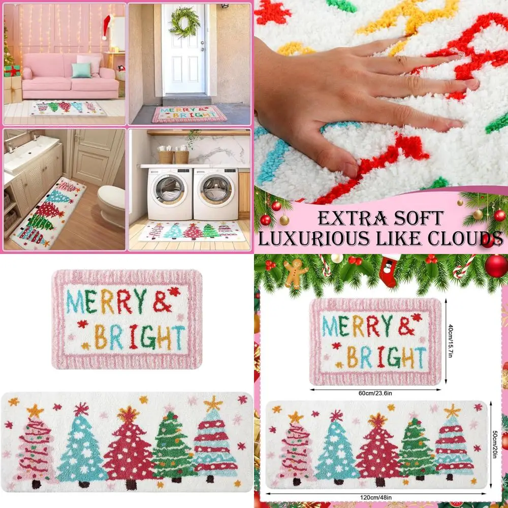

Soft Plush Pink Christmas Tree Bath Mats Set, Non-Slip, Washable, 20x47 Inches for Xmas Decor