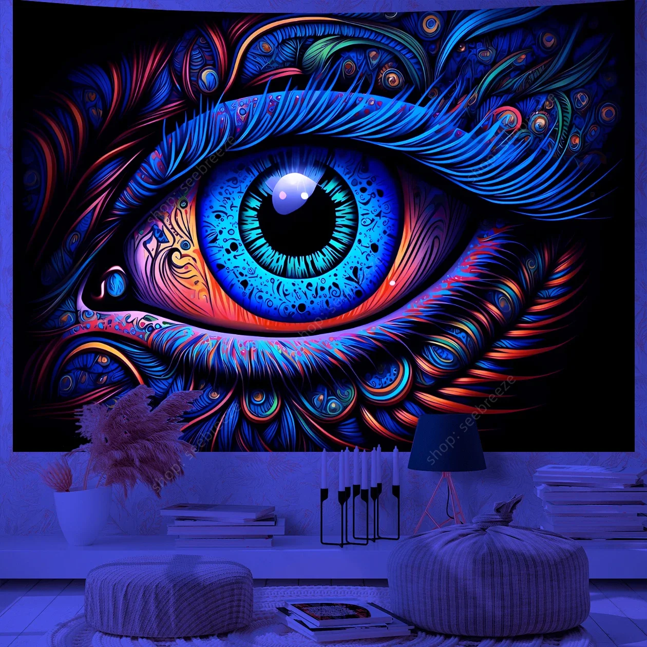 Psychedelic Eye of God UV Reactive Tapestry for Witchcraft Hippie Wall Hanging Bohemian Mandala Art Aesthetic Room Wall Decor