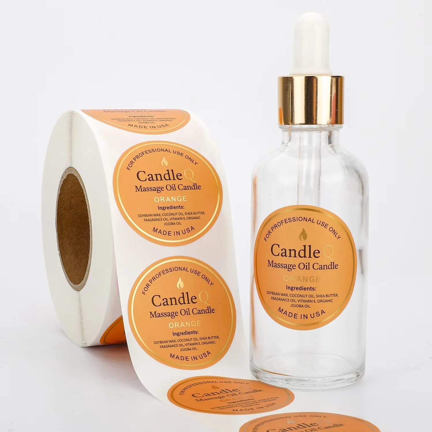 Custom Round Vinyl Stickers ｜ Waterproof Adhesive Labels ｜ Gold Foil Logo Roll for Massage Oil Bottles
