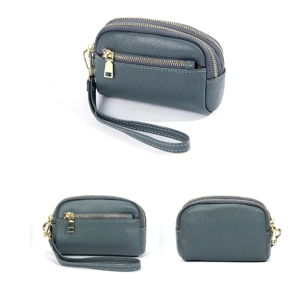 Fashion Cowhide Leather Wallets Solid Color Multi Functional Coin Purse Three Zipper Casual Change Bag for Women