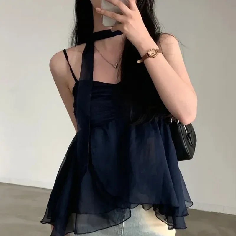 Summer Korean Fashion Sexy Tank Top Loose Women Aesthetic Sleeveless Y2k Sweet Camis Party Female Halter Collar Casual Clothes