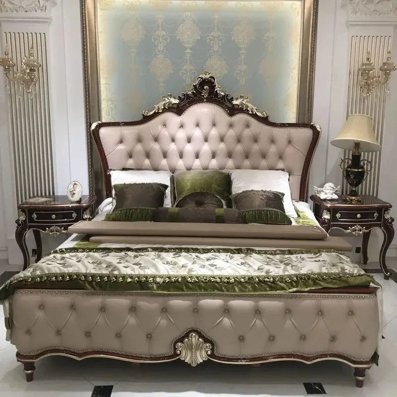 TTEuropean-Style Leather Bed Master Bedroom Luxury Solid Wood Carved Marriage Bed Princess Bed New Classical First Layer Cowhide