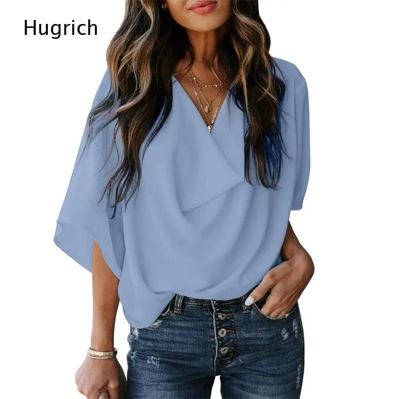 Women's Short Sleeve V-Neck Chiffon Blouse with Pleated Detail, Loose Fit Casual Summer Top for Office or Daily Wear
