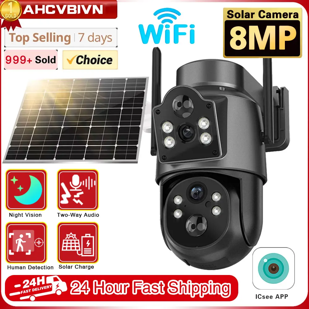 8MP Wireless Solar Camera Dual lens WiFi PTZ Camera Outdoor Built-in Battery Video Surveillance Camera Long Time Standby iCsee