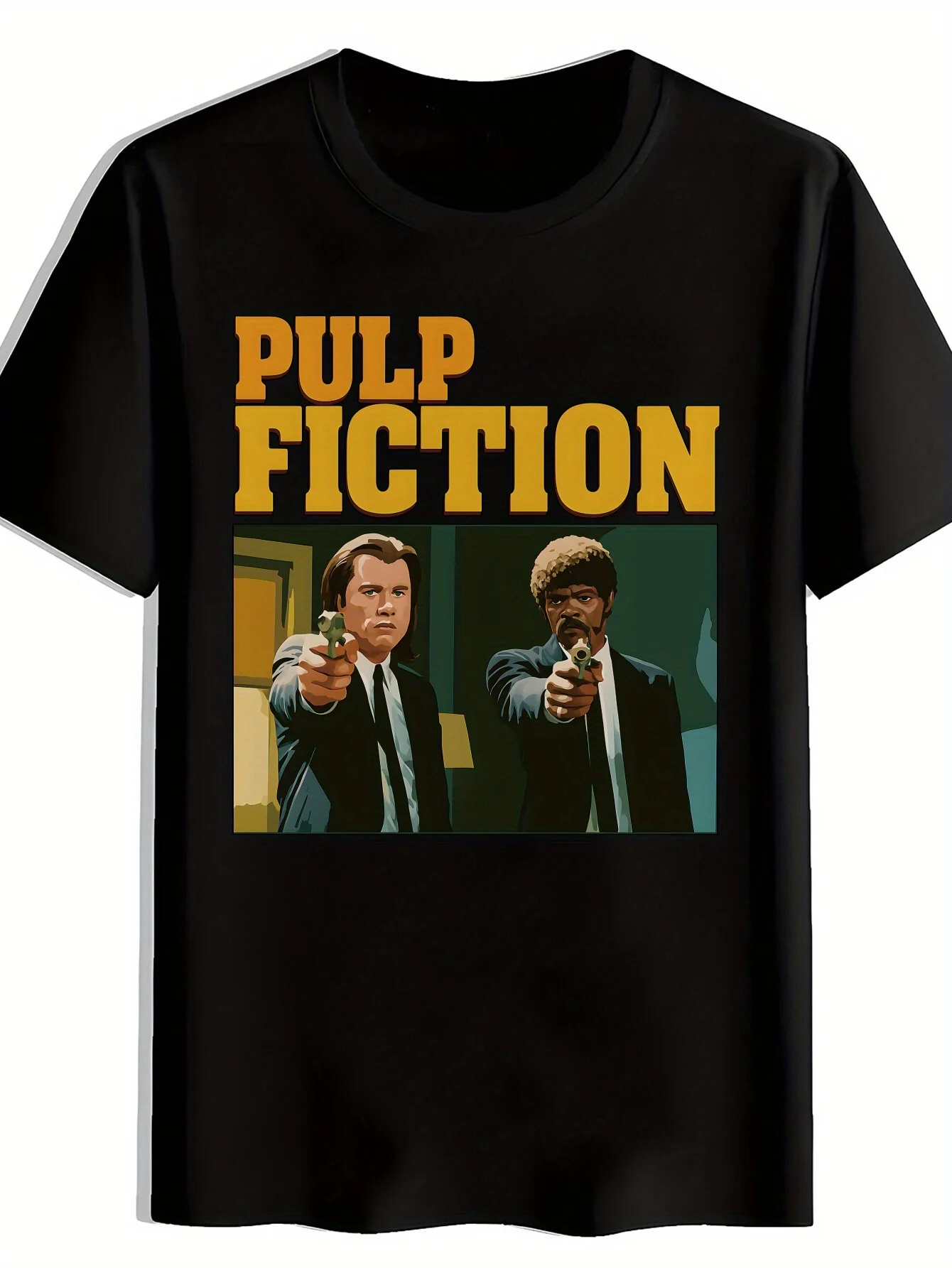 تي شيرت رجالي برسومات فيلم Pulp Fiction أسود مع أصفر Gunmen طباعة ريترو سينما تي شيرت عادي مناسب برقبة دائرية كاجوال