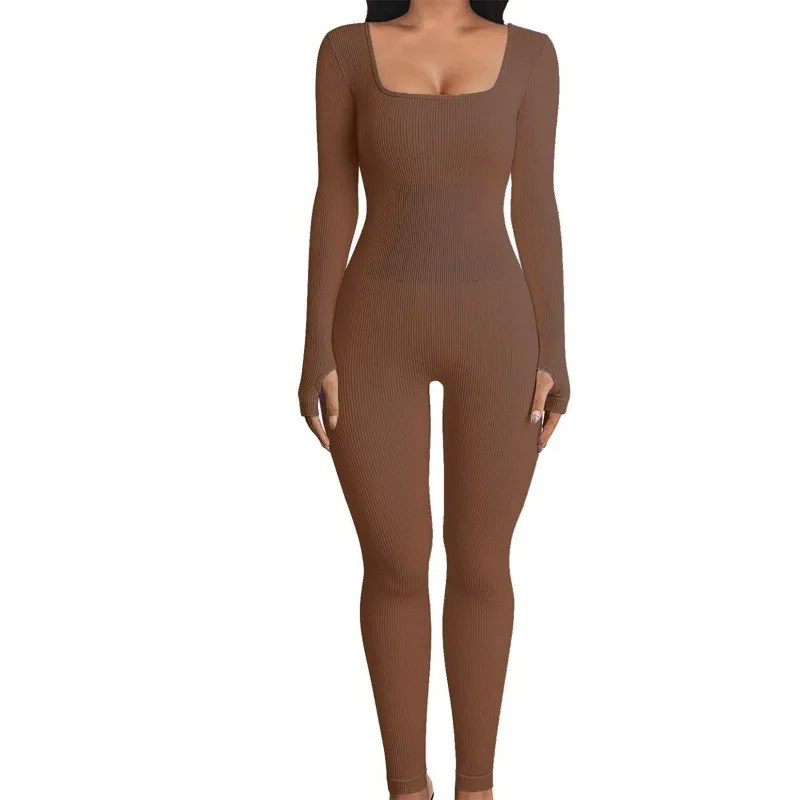 

Women Skinny Solid Color One-piece Ribbed Yoga Jumpsuit Long Sleeve Square Neck Running Fitness Bodycon Work Out Sport Playsuits