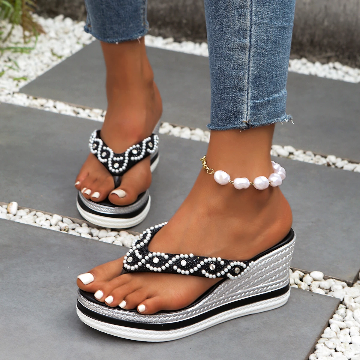 

Pearl Decor Chunky Platform Sandals Women Fashion Rhinestone Wedge Slipper for Woman Plus Size 36- 43 Non Slip Sandalias Mujer