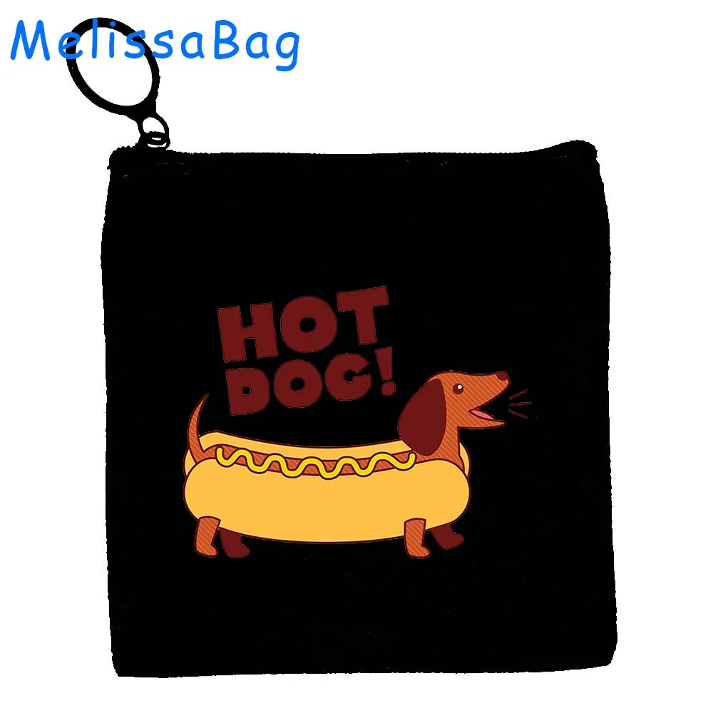 Funny Hot Dog Cartoon Dachshund Dog Cute Dachshunds Happy Sausage Dogs Gifts Canvas Coin Purse Key Case Bag Wallet Zipper Pouch