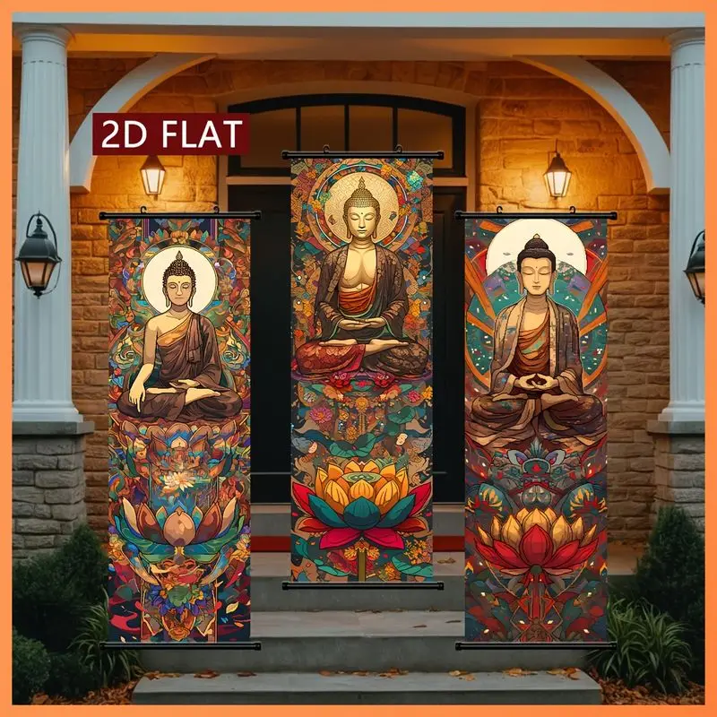 VIKAMA Buddha Statue and Lotus Scroll Tapestry, Meditating Buddha Mandala Floral Wall Hanging, Zen-Inspired Spiritual Tapestry