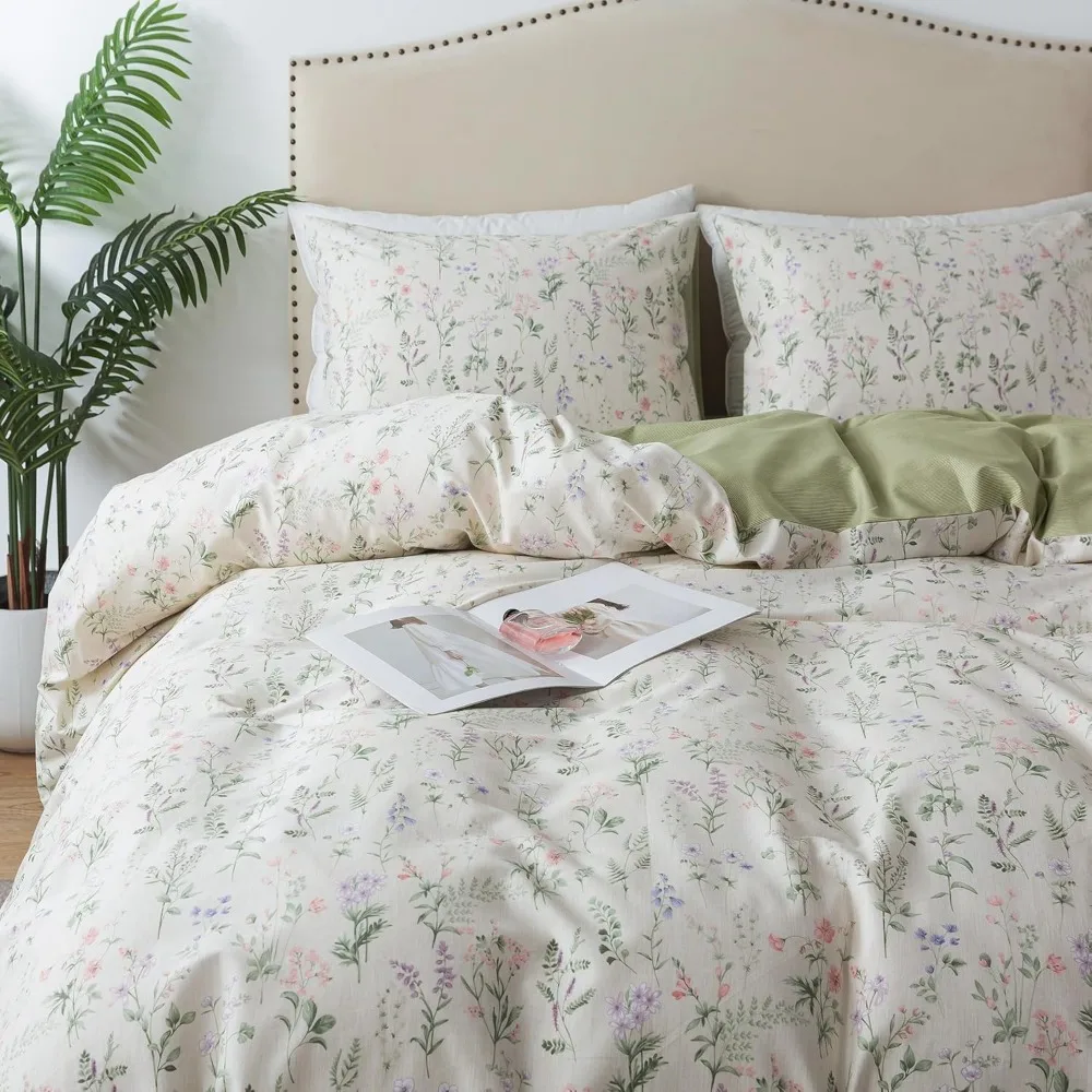 

King Size 100% Cotton Floral Duvet Cover Set - Botanical Wildflower Comforter Cover for King Beds, 3-Piece