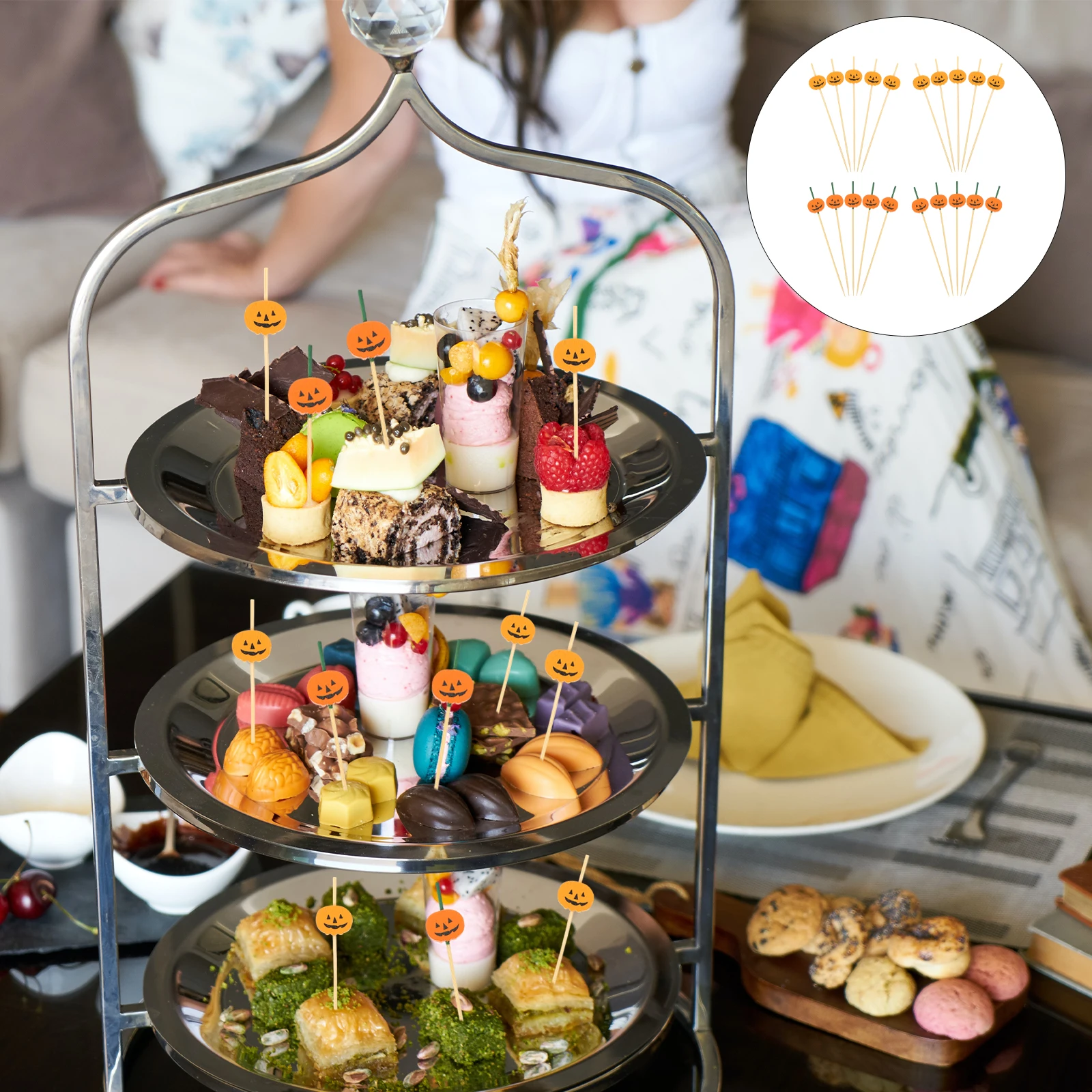 

200pcs Pumpkin Designed Food Sticks Decorative Fruit Picks Disposable Appetizer Picks Halloween Party Supplies Cocktail Snack