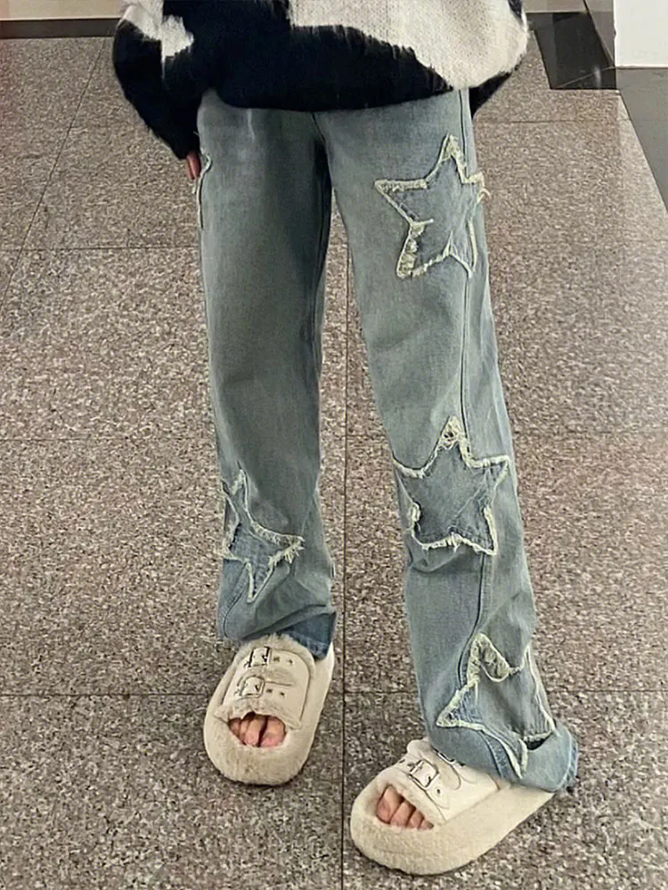 

Retro Star Embroidery Women's Jeans High Waist Straight Leg Wide Leg Long Pants Spring Autumn plus Size Loose Slimming