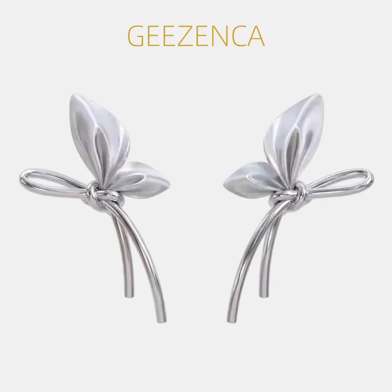 

GEEZENCA стерлингового серебра 925 пробы серьги-гвоздики с бантом для женщин, дизайнерские модные массивные серьги с лентой и бантом, роскошные ювелирные изделия, подарок