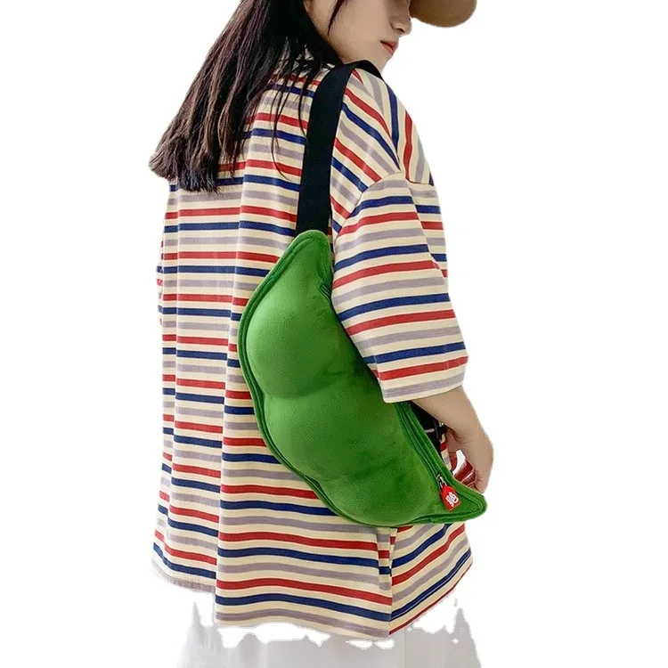 Girl Bag Large Capacity Soft Cute Plush Shoulder Bag Students Cute Edamame Bag Chest Bag Pea Bag