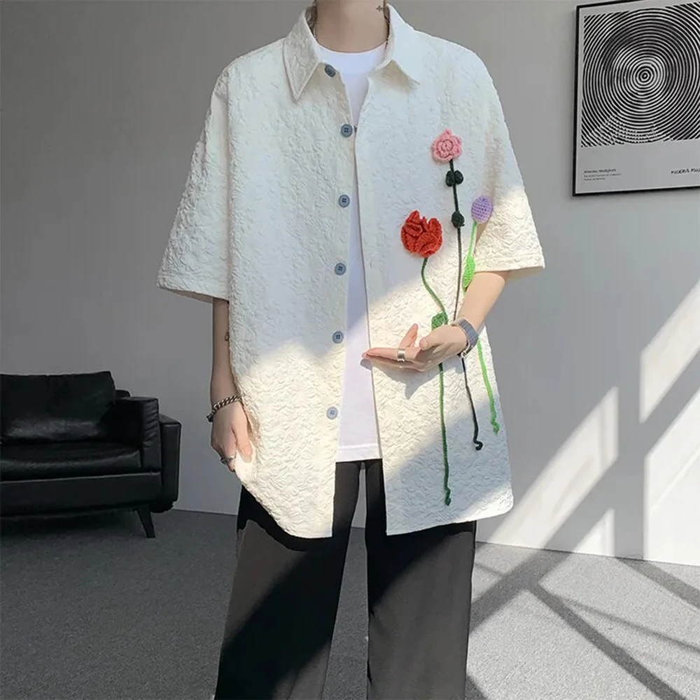 

Mens Shirt Embossed Floral Textured Shirt Street Wear Fashion Casual Versatile Couple Short-Sleeved Top Men'S Clothing 2025 New