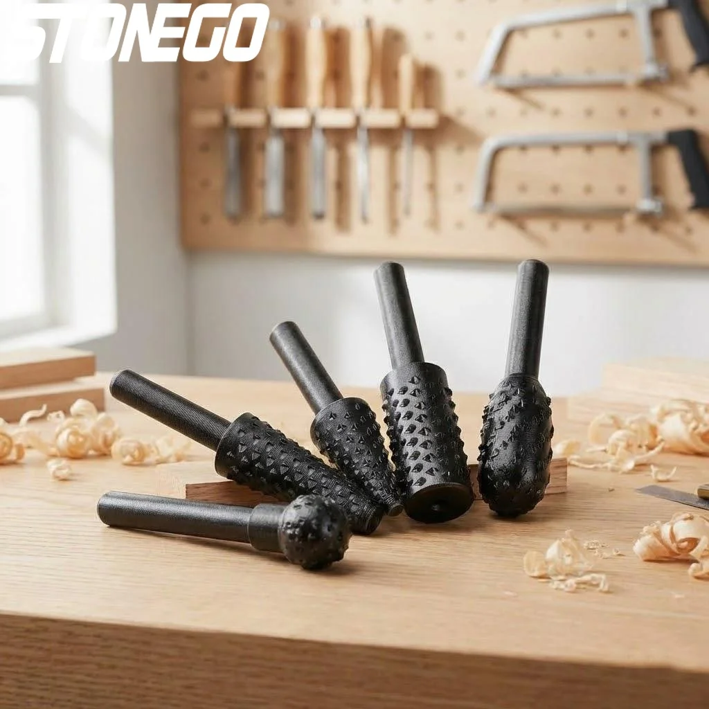 

STONEGO 5/10PCS Rotary File Rasp 6.3mm Round Shank Rotary Burr Carbon Steel File Wood Carving Grinder Drill Bits