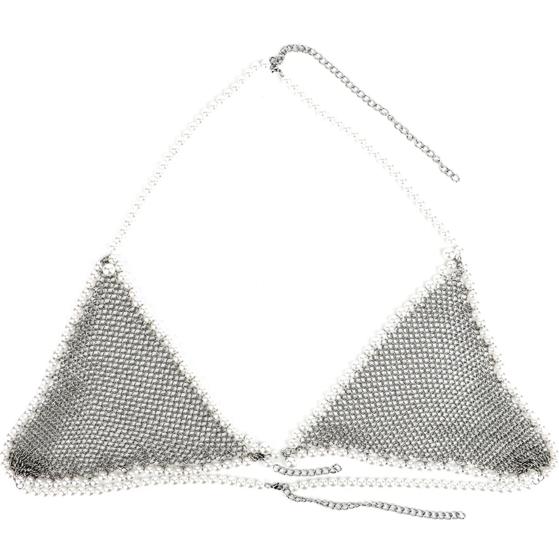 1Piece Steel Adjustable Chainmail Bikini Top See-Through Bra Pearls BDSM Cosplay Gadget Adult Sex Toys for Women Gay Accessory
